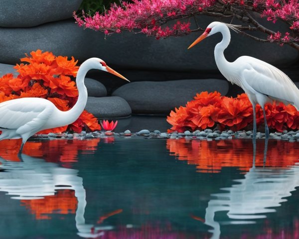 Elegant Herons by Tranquil Pond with Flowers