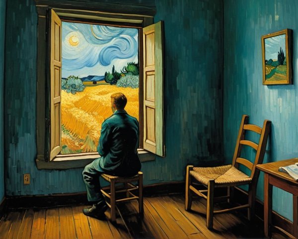 Solitary Figure in Blue Room Overlooking Vibrant Landscape