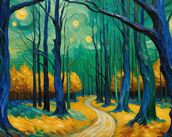 Dreamy Forest Scene with Vibrant Colors and Stars