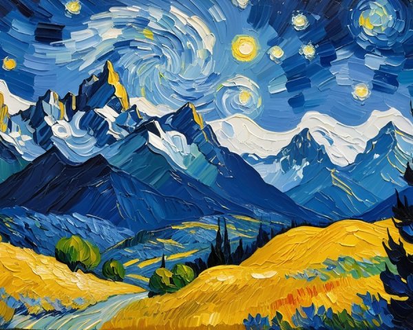 Impasto Painting of Sky, Mountains, and Hills
