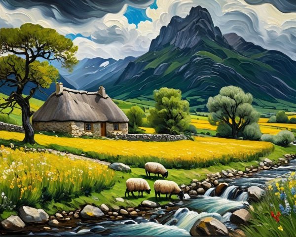 Picturesque Countryside Scene with Cottage and Mountains