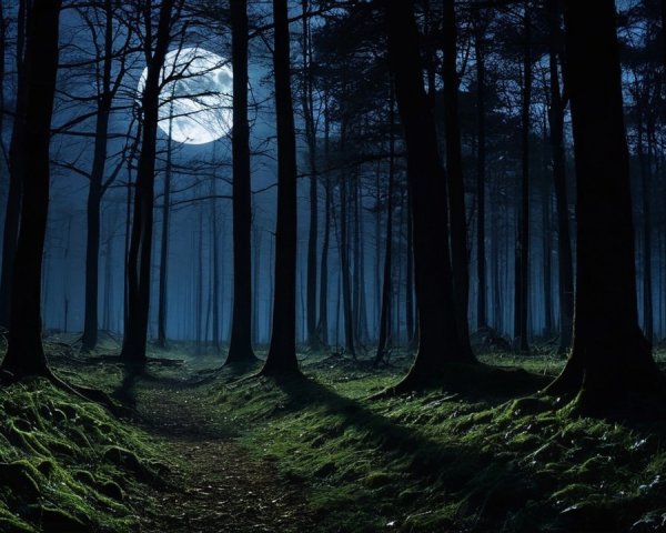 Mysterious Forest Under Bright Full Moonlight