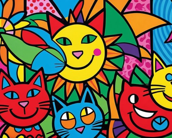Whimsical Cat Artwork with Colorful Floral Background