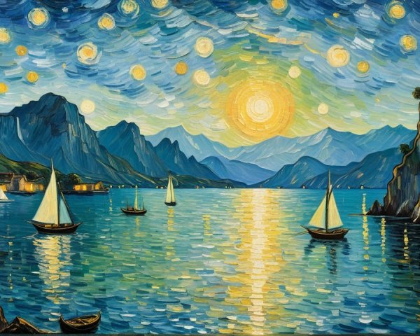 Mediterranean Landscape Oil Painting with Boats and Mountains