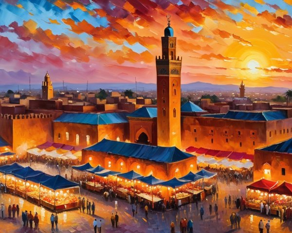 Vibrant Sunset Over Marrakech Marketplace and Architecture