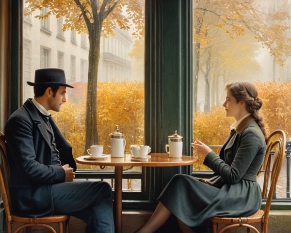 Cozy café scene with autumn leaves and rain