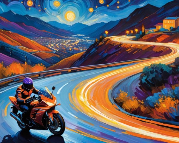 Motorcyclist on a Nighttime Mountain Road Scene