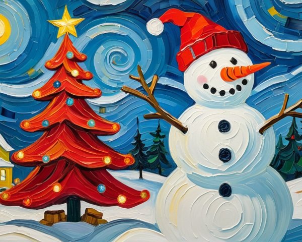Snowy Winter Scene with Snowman and Christmas Tree