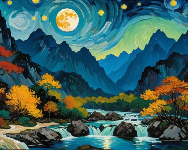 Fantastical autumn landscape painting at night