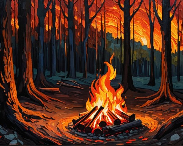 Vibrant Twilight Forest Scene with Campfire Glow