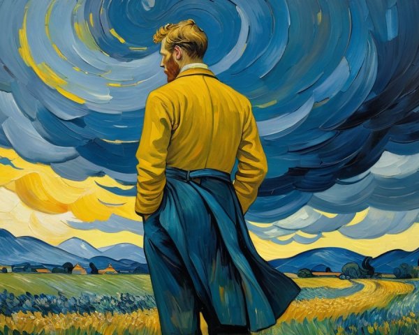 Figure in Yellow Coat Overlooking Vast Landscape