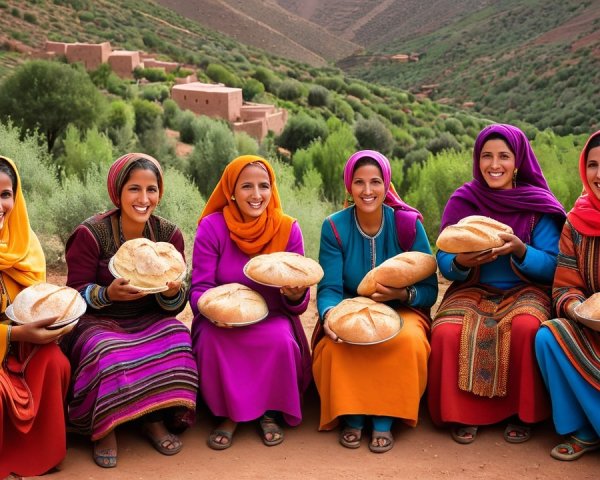 Women in Traditional Attire with Freshly Baked Bread