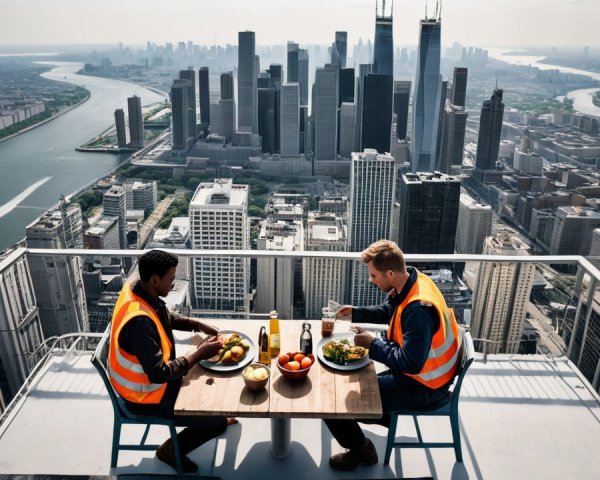 Construction Workers Lunching on Urban Ledge with Skyline