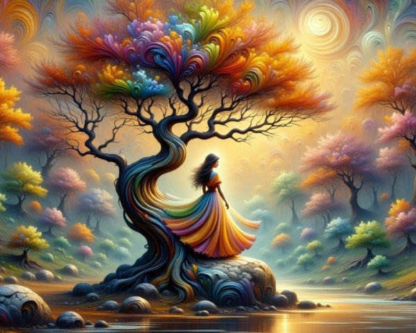 Surreal Landscape with Colorful Tree and River