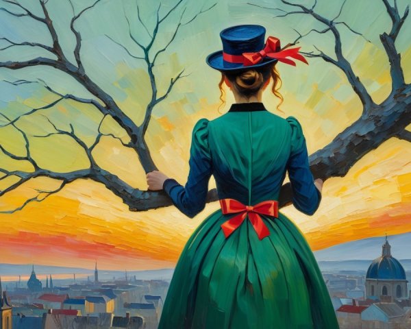 Woman in Green Dress Watching Sunset Over Town