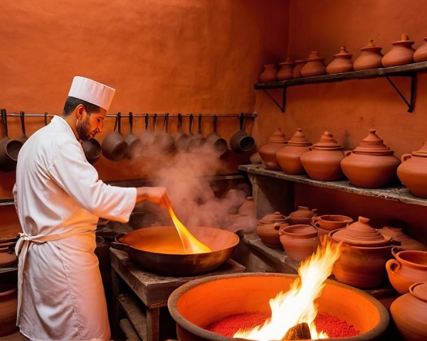 Traditional Chef in Rustic Kitchen with Clay Oven