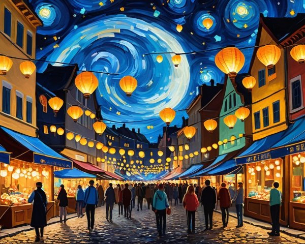 Vibrant Night Market with Lanterns and Starry Sky