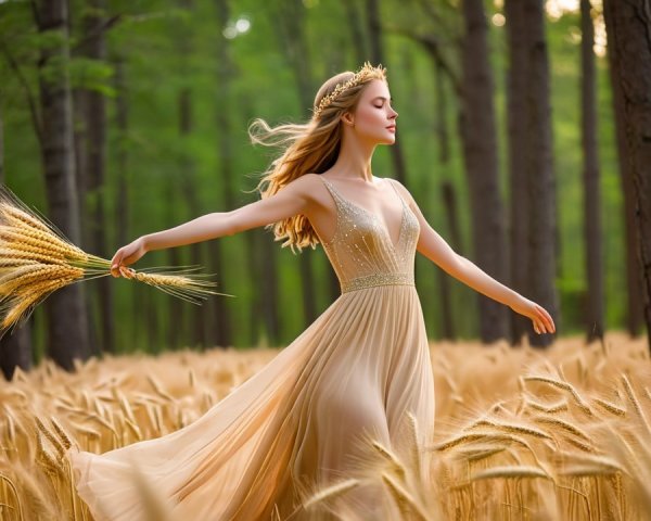 Young Woman in Sparkling Gown in Wheat Field