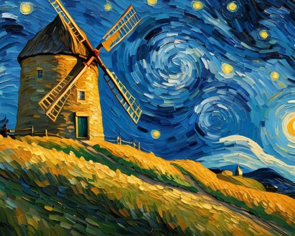 Vibrant Night Sky with Windmill and Golden Fields