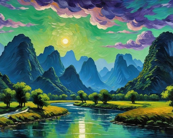 Digital Painting of Serene Landscape with River and Mountains