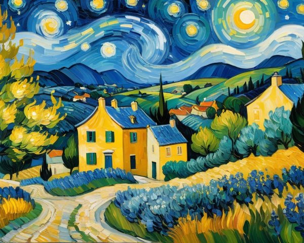 Vibrant Landscape with Rolling Hills and Night Sky