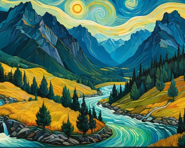 Stylized Landscape with Turquoise River and Mountains