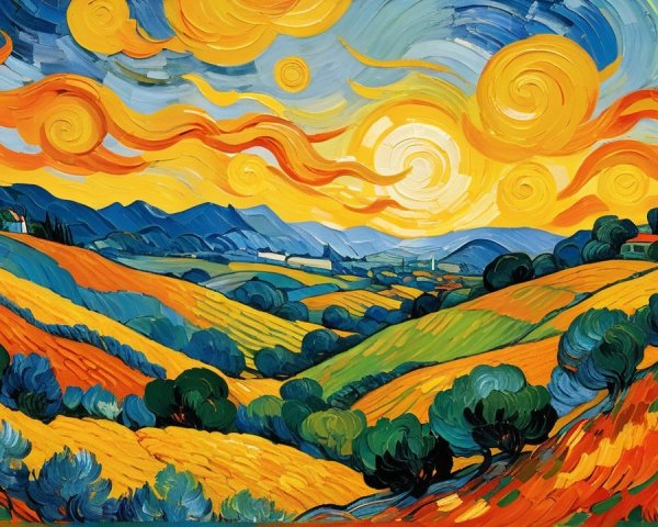 Vibrant Landscape with Swirling Sky and Rolling Hills