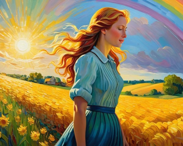 Serene Woman in Sunflower Field Under Rainbow Sky