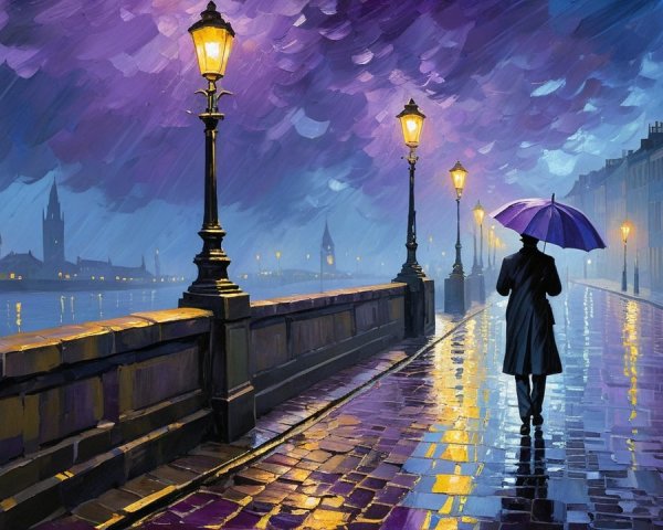 Lone Figure with Purple Umbrella by Tranquil River