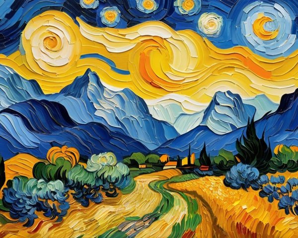 Twilight Landscape with Swirling Stars and Cypress Tree