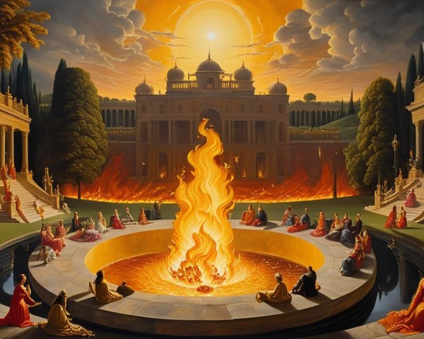 Surreal Garden Scene with Central Flame and Sunset