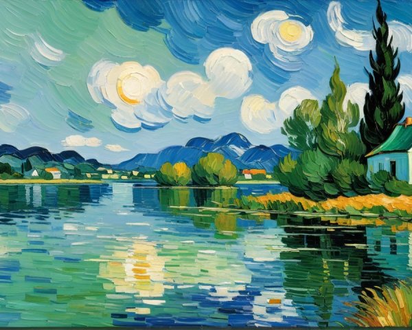 Panoramic Oil Painting of Serene River Landscape