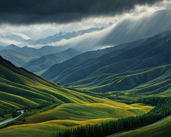 Rolling Green Hills and Winding River Landscape Scene