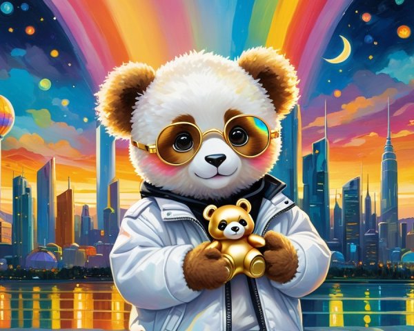 Panda in Sunglasses with Teddy Bear and City Skyline