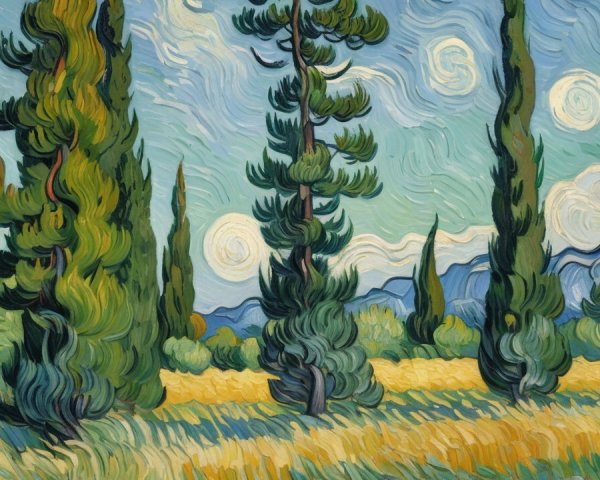 Vibrant Landscape with Cypress Trees and Night Sky