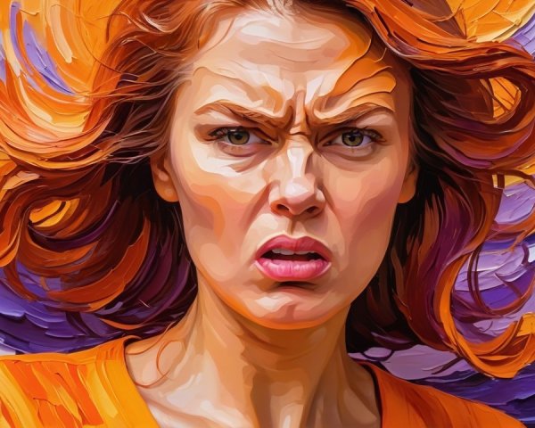 Vivid Artwork of Woman with Orange Hair and Emotion