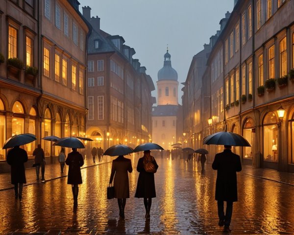 Charming Cobblestone Street in Rainy Evening Scene