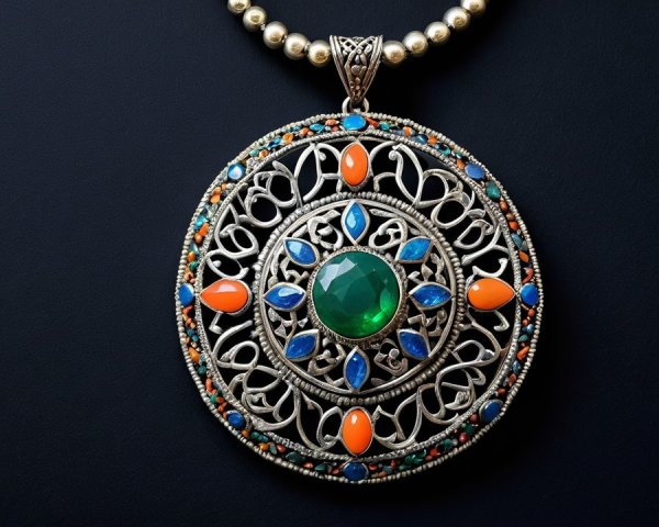 Intricately Designed Silver Pendant with Gemstones