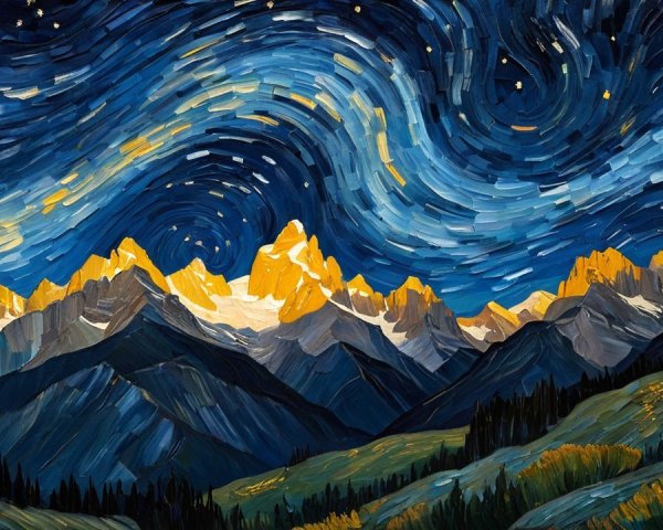 Night Sky with Mountains and Lush Green Valleys