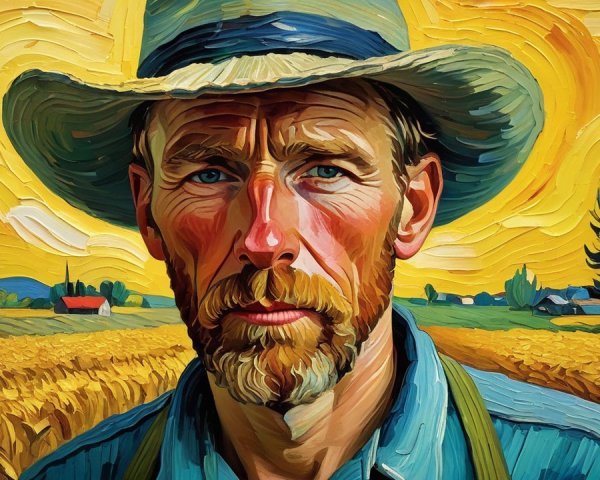 Close-up Oil Painting of a Male Farmer in Wheat Field