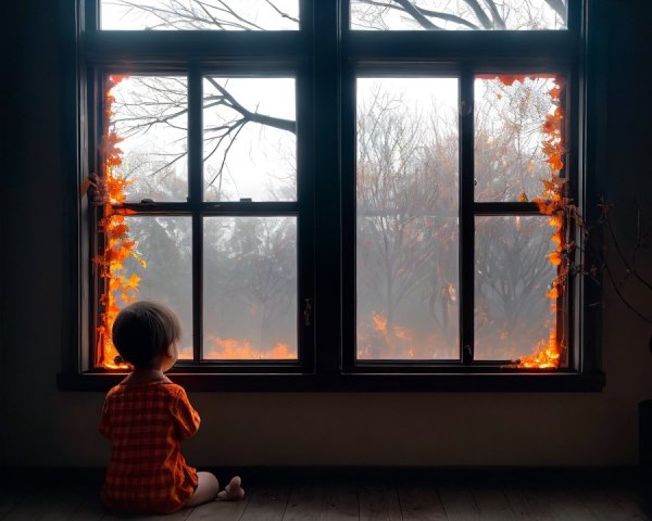 Child Observing Autumn Scene Through Window