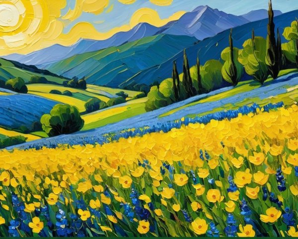 Vibrant Landscape with Rolling Hills and Flowers