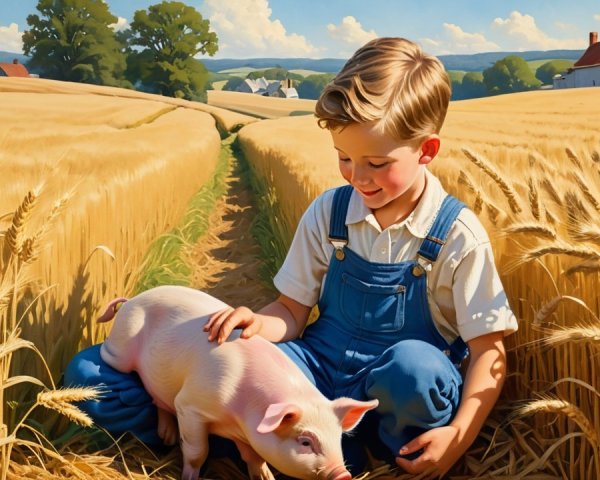 Young Boy in Overalls with Piglet in Wheat Field