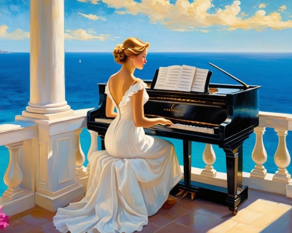 Woman in white gown playing piano by tranquil sea