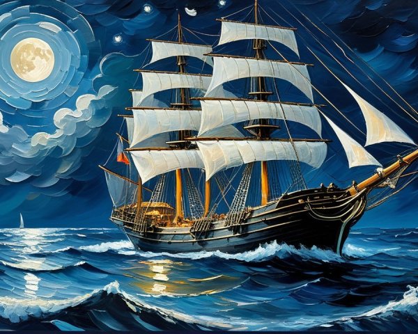 Three-Masted Sailing Ship on Moonlit Ocean Waves
