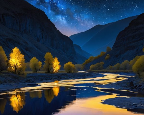 Serene River in Dramatic Valley with Autumn Trees