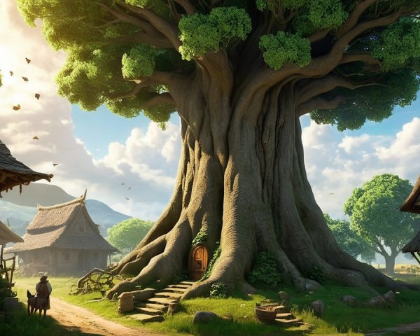 Majestic Tree Surrounded by Quaint Village Cottages