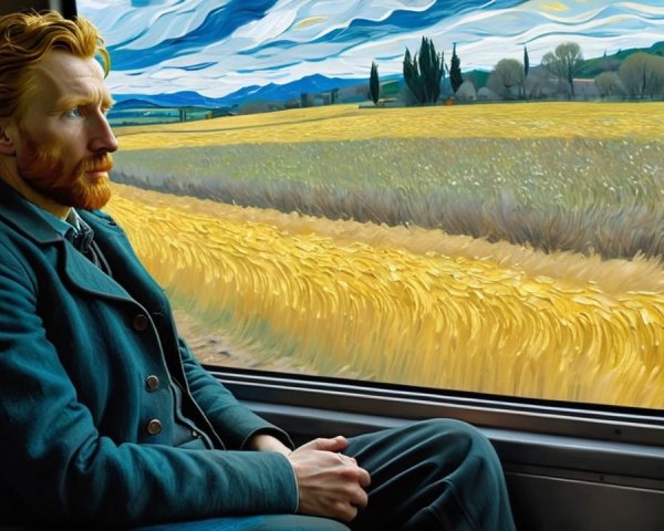 Man with Red Hair Contemplates Scenic Landscape by Train