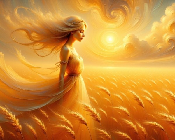 Ethereal Figure in Golden Wheat Field Under Sunlight