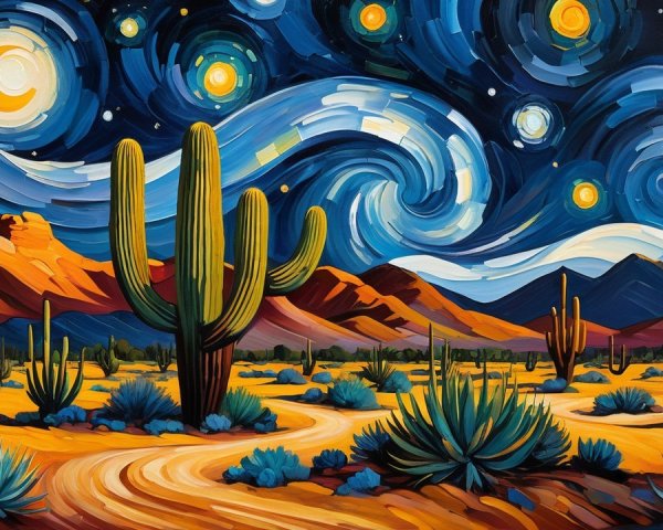 Vibrant Desert Landscape at Night with Starry Sky